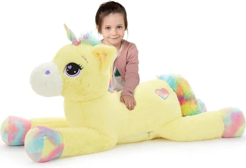 Vista 11 de Tezituor Juguetes de unicornio de peluche de 32 pulgadas, animales de unicornio gigante beige de peluche, encantadoras decoraciones de peluche