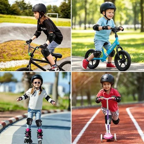 Vista 7 de Casco de bicicleta para niños de edades 2-14, casco de seguridad ajustable para niños pequeños con juego de equipo de protección, cascos para Negro