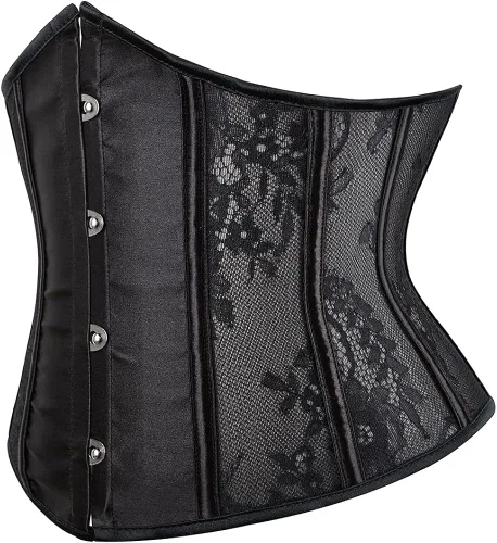 Vista 2 de SHYMMUO Womens Black Underbust Corset Satin Boned Waist Training Cincher Lace Corset Lingerie Set