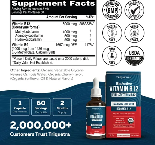 Vista 8 de Vitamina BioActiva B12 5000 mcg Contiene 3 Formas BioActivas de B12 Plus Cofactor Metilfolato - Metil B12, Adenosil B12 y Hidroxi B12