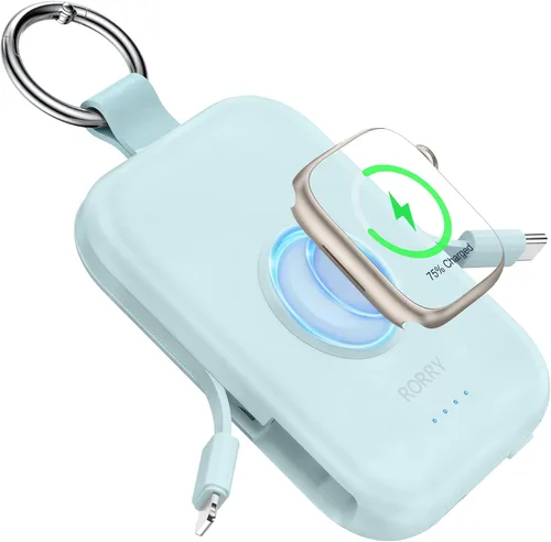 Vista 13 de RORRY Cargador portátil, batería externa portátil de 5000 mAh con cables integrados, paquete de batería en llavero de viaje para Apple Watch Negro