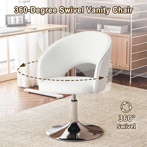 Vista 4 de Furnimart Silla de Tocador de Cuero Blanco, Taburete de Tocador con Altura Ajustable, Silla Giratoria con Respaldo, Silla Redonda de Maquillaje