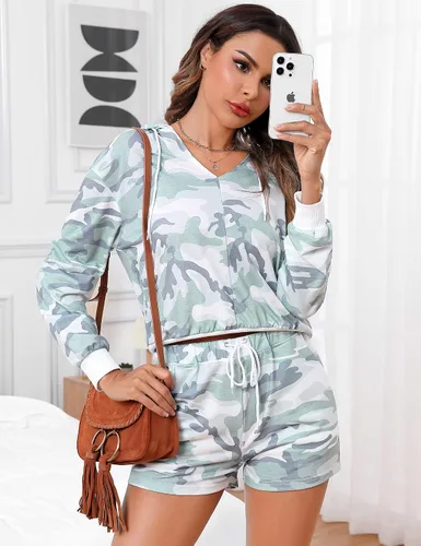 Vista 7 de BLUEMING Conjunto de pijama para mujer con estampado de camiseta de manga larga con pantalones cortos, ropa de dormir cómoda, conjunto de pijama