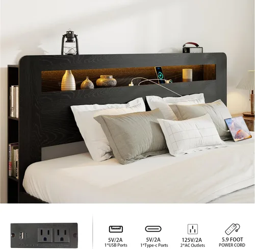 Vista 5 de Marco de cama matrimonial con almacenamiento de cabecero, marco de cama de plataforma de madera con estantería y estantes, estación de carga y luces