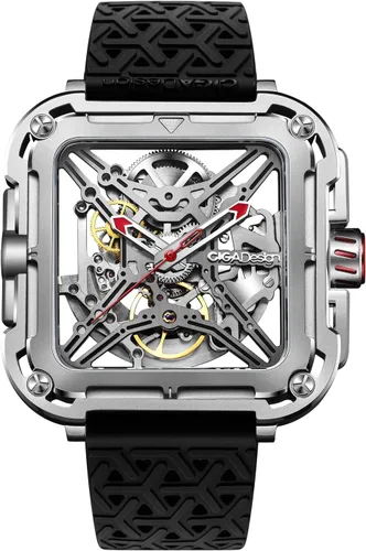 Vista 11 de CIGA Design Reloj mecánico automático de la serie X, inspirado en SUV, diseño antigolpes, cristal de zafiro, analógico, esqueleto con correa