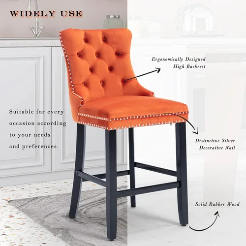 Vista 36 de SoarFlash Juego de 2 taburetes de bar tapizados de terciopelo moderno con patas de madera, botones acolchados, cabeza de clavo cromada, asiento