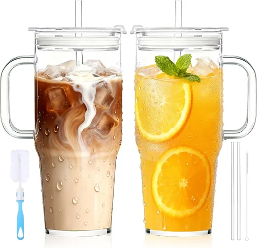 Vista 13 de Birity Vasos de vidrio de 16 onzas con tapas y popotes, vaso de vidrio con popote y tapa, tazas de café helado reutilizables para té, jugo