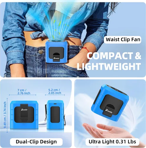 Vista 6 de Zeadio Ventilador portátil con clip de cintura, 4 velocidades, 10000 mAh, funciona con manos libres, con función de iluminación y carga para Azul