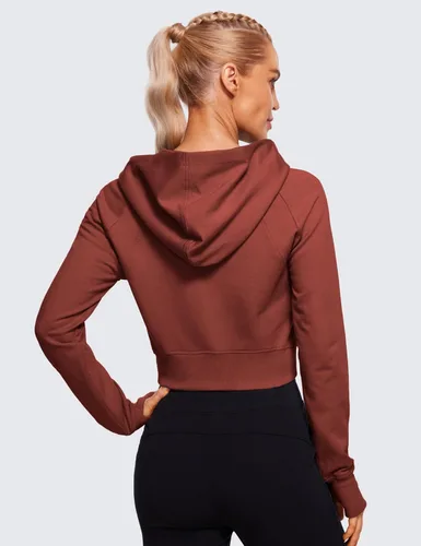 Vista 2 de CRZ YOGA Sudadera corta con capucha y cremallera completa para mujer, para entrenamiento, atlética, casual, manga larga, con agujeros para el pulgar