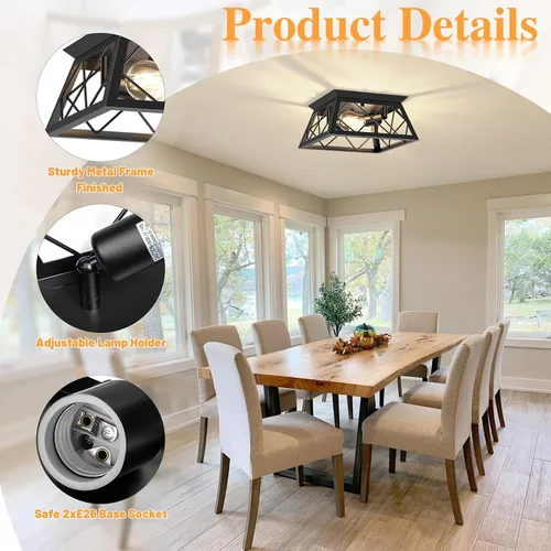Vista 5 de FadimiKoo Lámpara de techo empotrada negra de 2 luces, lámpara de techo industrial para cocina de granja, lámpara de techo de jaula cuadrada