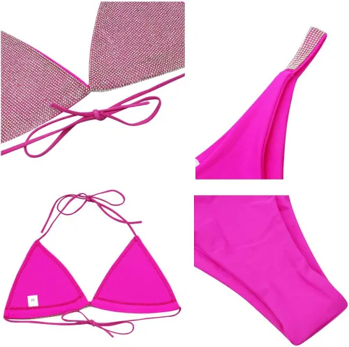 Vista 7 de Traje de baño de 2 piezas con cristales de diamantes brillantes para mujer, bikini sexy push up para fiestas, rave, club