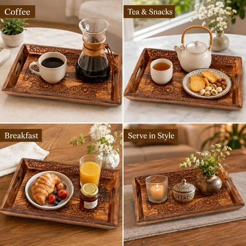 Vista 4 de Bandeja decorativa hecha a mano elegante de madera, bandeja rústica de granja, bandeja grande para servir de 20 x 12 pulgadas, bandeja de mesa