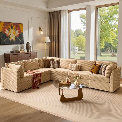 Vista 42 de Ovios - Sofá modular con diván en forma de U y otomanas, cómodo y mullido, tapizado en pana estilo nube, moderno, asiento profundo, juego de sofás