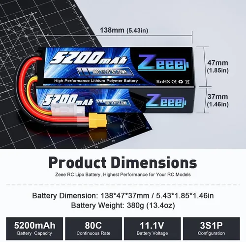 Vista 2 de Zeee 3S Lipo Batería 5200mAh 11.1V 80C con conector XT60 (paquete de 2)