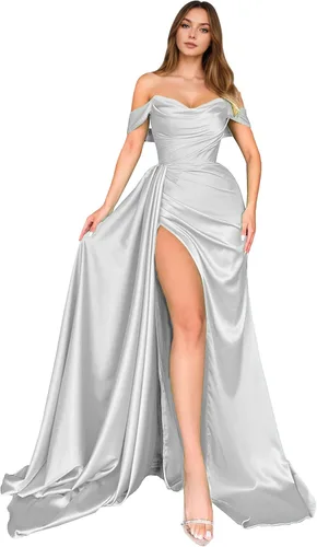 Vista 31 de Dream Wedding Vestidos de fiesta de satén con hombros descubiertos con Agua