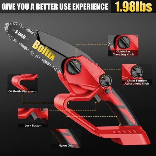 Vista 6 de Mini motosierra inalámbrica, compatible con batería Milwaukee M18, motosierra eléctrica sin escobillas de 6 pulgadas, motosierra de mano