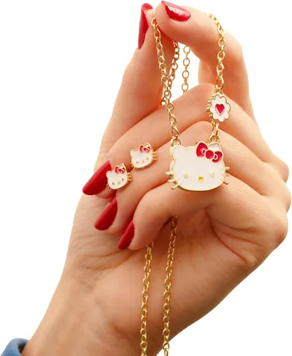 Vista 4 de Hello Kitty Juego de joyas para niñas, 18 pulgadas + 3 pulgadas, collar y aretes para niñas, regalos, Sin gemas.