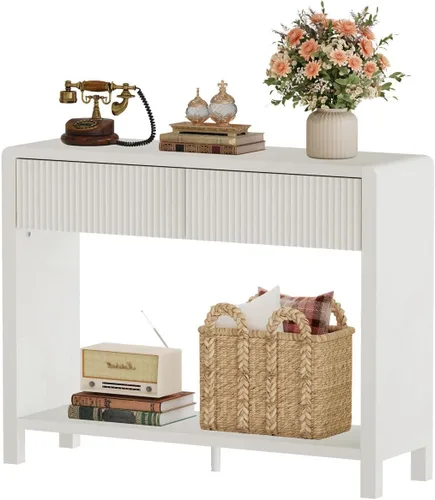 Vista 3 de Mesa consola estrecha con almacenamiento, mesa de sofá de madera para entrada, mesas de pasillo modernas de 39.37 pulgadas y mesas de sofá detrás