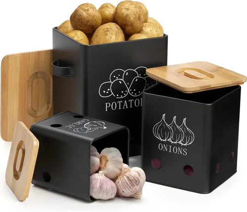 Vista 4 de WUWEOT Paquete de 3 latas de almacenamiento de verduras, botes de almacenamiento de patatas cebollas y ajos, organizador de verduras frescas