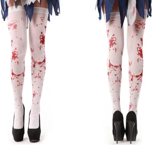 Vista 2 de Dzrige 2 pares de medias de Halloween manchadas de sangre de terror hasta el muslo sangriento para Halloween, mujeres y niñas, festival, disfraz