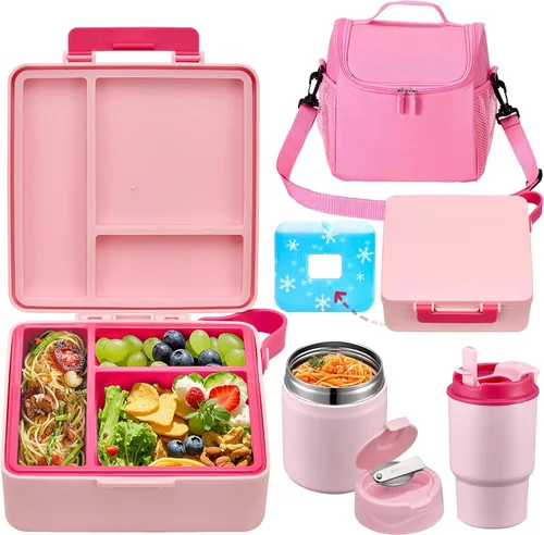 Vista 13 de Lonchera Bento para niños con termo de sopa de 17 onzas, botella de agua aislada y bolsa de almuerzo aislada, a prueba de fugas, contenedor