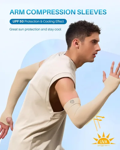 Vista 2 de Mangas para brazo, para hombres o mujeres. Para calentar o refrescar. Guantes de Compresión con factor de protección de los rayos ultravioleta UPF
