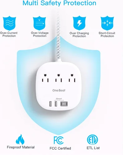 Vista 7 de Regleta de corriente con enchufe plano, cable de extensión ultraplano de 6 pies - 3 salidas 4 puertos USB (2 USB C) 22.5W/4.5A estación de carga
