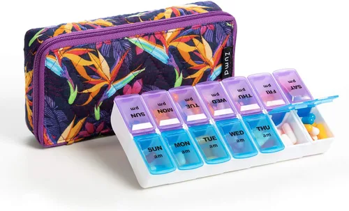 Vista 19 de Organizador Semanal de Pastillas 2 Veces al Día, Pastillero Zumd de 7 Días con Bonita Funda de Tela Acolchada con Cremallera, Estuche de Pastillas