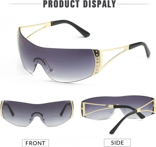 Vista 6 de SORVINO Lentes de sol Y2K sin montura para mujeres y hombres, diseño de escudo futurista de moda, de gran tamaño de los años 2000, con estrellas