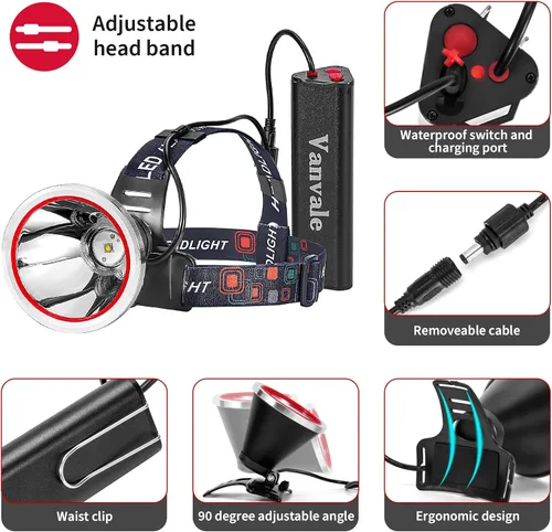 Vista 2 de Linterna frontal LED recargable de alta potencia, IPX4 impermeable con cargador, lámpara de caza de larga duración para correr, pesca, campamento