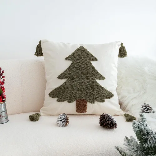 Vista 10 de Funda de almohada verde copetuda con borlas, funda de cojín tejida a mano para decoración del hogar de vacaciones de invierno, 18 x 18 pulgadas, 1