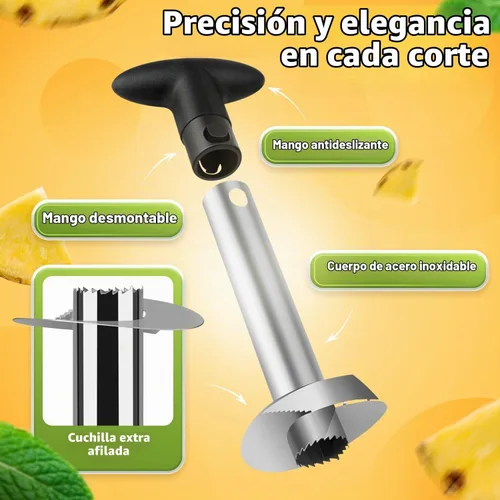 Vista 2 de Flexzion - Herramienta de cocina de acero inoxidable para pelar y sacar el corazón de ananá, para cortar y rebanar fácilmente fruta, con mango