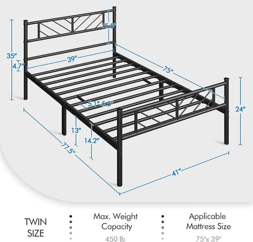 Vista 2 de Yaheetech Estructura de Cama Plataforma de Tamaño Individual con Cabecera de Diseño de Flecha, Base de Colchón de Metal de 13 Pulgadas