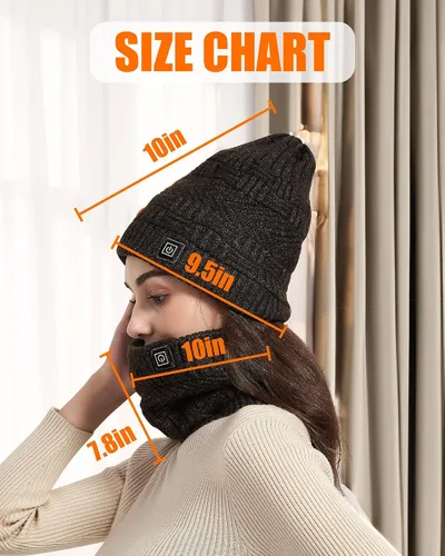 Vista 6 de Sombrero calefactable - Juego de bufanda y sombreros calefactores para hombres y mujeres, batería de 4000 mAh, 3 controles de temperatura