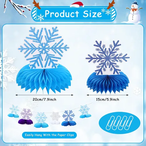Vista 4 de 12 PIEZAS Centros de Mesa de Panal en Forma de Copo de Nieve para Mesas, Decoraciones de Fiesta de Cumpleaños de Frozen, Centros de Mesa de Copo