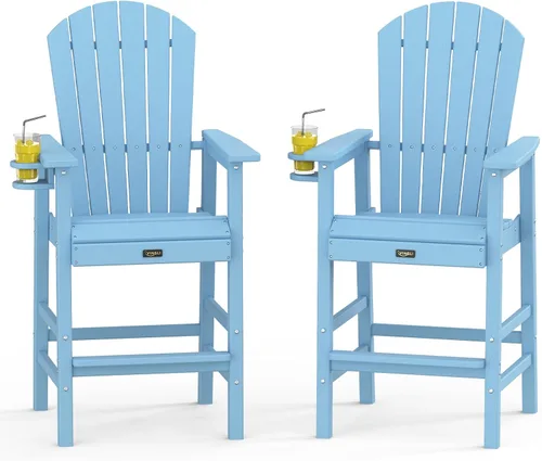 Vista 11 de VINGLI Silla Adirondack alta, silla Adirondack de plástico para todo tipo de clima con portavasos, taburetes de bar resistentes para exteriores