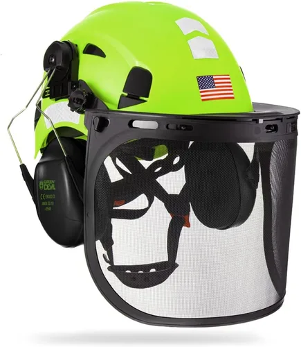 Vista 10 de Casco de Seguridad Forestal para Motosierra con Visera Completa de Policarbonato Transparente y Orejeras 3 en 1 Casco Duro Forestal