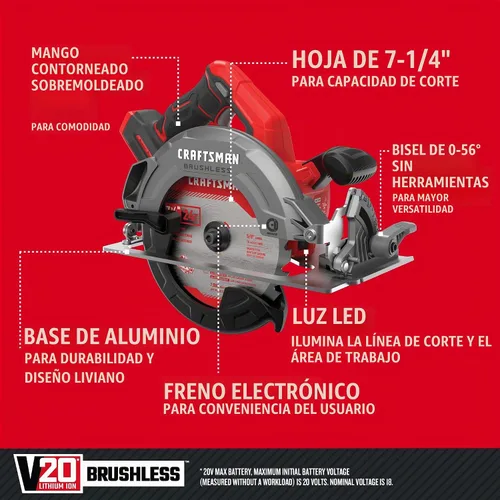 Vista 2 de CRAFTSMAN Sierra circular inalámbrica V20, 7-1/4 pulgadas, solo herramienta desnuda (CMCS550B)