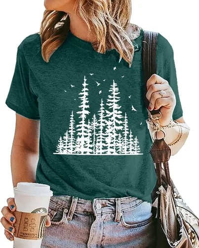 Vista 6 de Camisetas de pino para mujer, divertidas camisetas gráficas de verano, senderismo, camping, naturaleza, camiseta de manga corta, atlética, casual