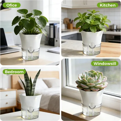 Vista 5 de Paquete de 3 macetas transparentes de riego automático de 7.8 pulgadas para plantas de interior, macetas hexagonales grandes con riego automático