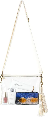 Vista 6 de Mkono Bolsa transparente aprobada para estadios, bolso pequeño para mujer con pulsera de macramé, bolsa cruzada transparente para conciertos