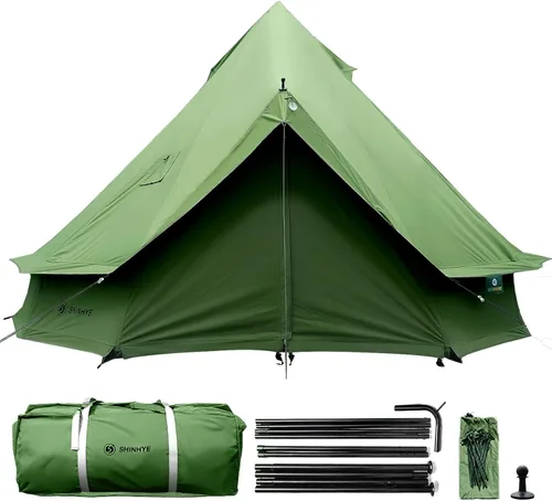 Vista 15 de Tienda de campaña Bell Yurt con gato de estufa, tienda de campaña de lujo impermeable para 4 estaciones, tela Oxford 420D, tiendas de campaña verde