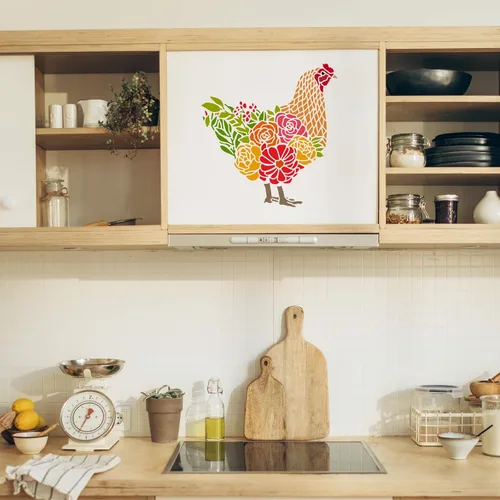 Vista 6 de FINGERINSPIRE Plantilla de dibujo de gallo de pollo con flores y hierba, plantilla de pintura de plástico PET de 11.8 x 11.8 pulgadas