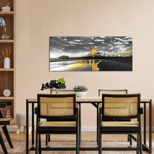 Vista 3 de Conipit Lienzo decorativo gris y amarillo para pared, diseño de muelle de Santa Mónica, imágenes de Los Ángeles, California, rueda de la fortuna