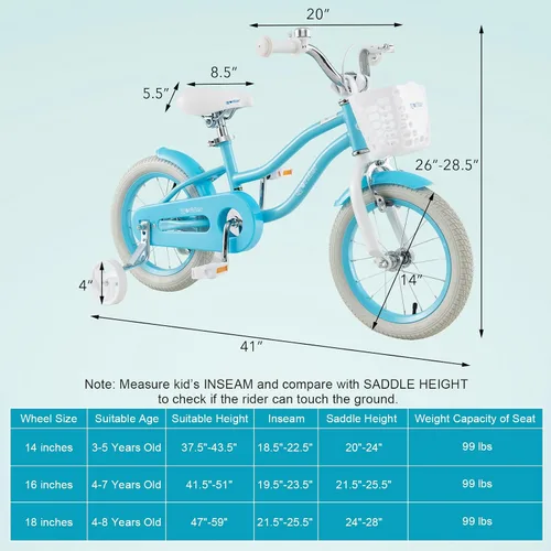 Vista 6 de BABY JOY Bicicleta infantil, 12 14 16 18 20 pulgadas, para niños y niñas, con asiento ajustable, cesta removible, freno de mano y freno