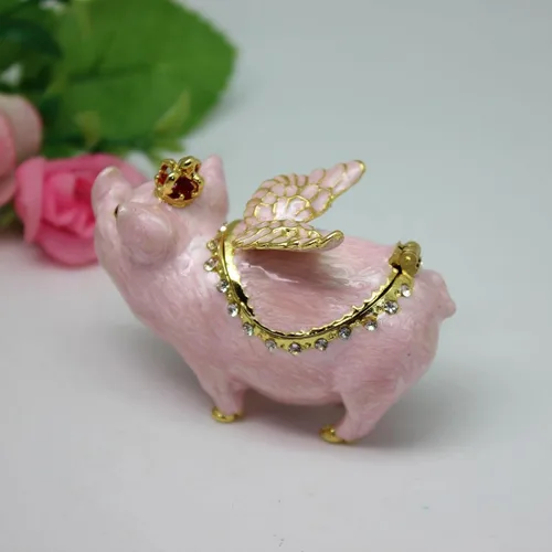 Vista 9 de Caja de joyería esmaltada adornos de almacenamiento rosados decorativos únicos con figuras clásicas con bisagras bonita caja de joyería de animales