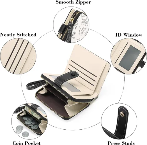 Vista 5 de GAEKEAO Cartera para mujer delgada y fina con bloqueo RFID, de cuero con flores, tarjetero plegable, cartera larga para damas con bolsillo