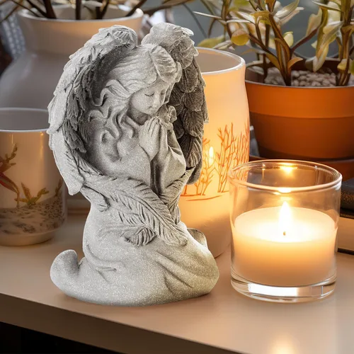 Vista 7 de INLOMEM Figura de ángel rezando, figura esculpida pintada a mano, estatua de alas de ángel para decoración del hogar o jardín, regalos de primera