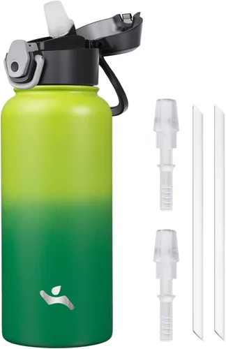 Vista 29 de Konokyo Botella de agua aislada de 22 onzas con pajilla, asa de transporte, verde militar