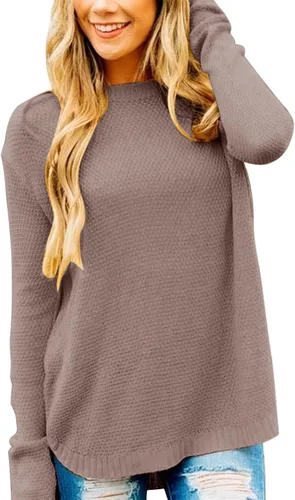 Vista 15 de MEROKEETY Suéteres de manga larga casuales para mujer 2025 con cuello redondo suelto, suéteres de punto estilo pulóver para otoño e invierno Beige